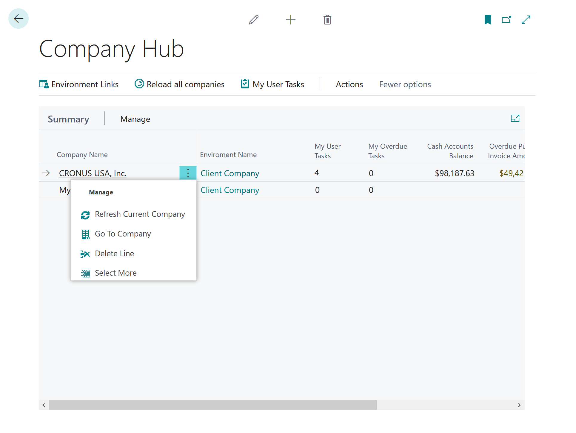 Actions for a company that is listed in the company hub.